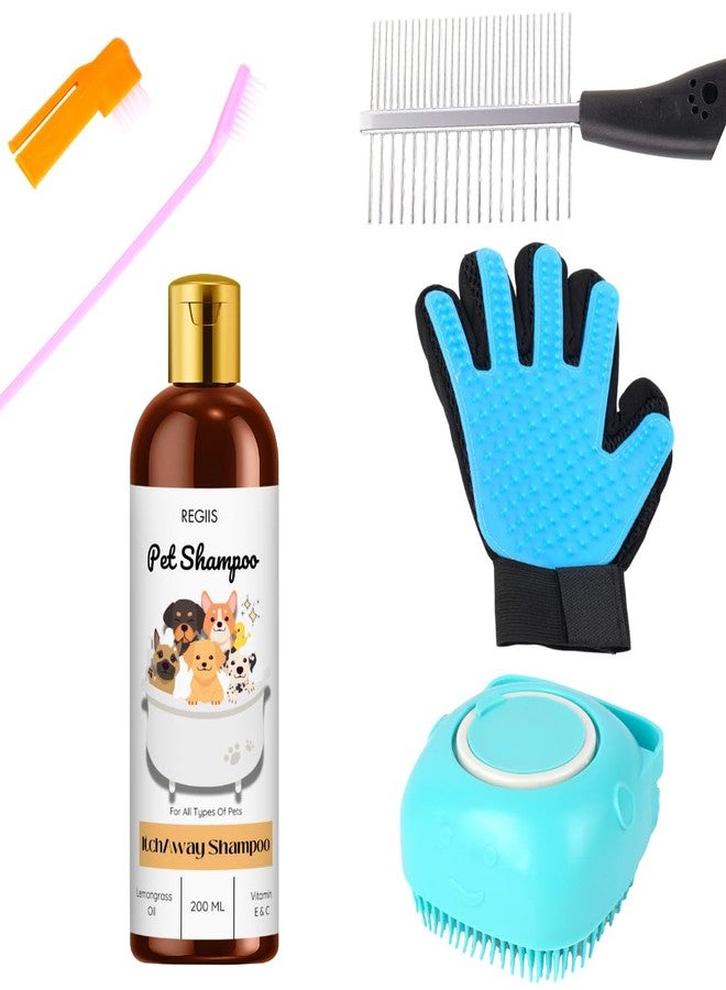 مجموعة العناية بالحيوانات الأليفة، طقم من 5 قطع يشمل شامبو، قفاز لإزالة الشعر الزائد، مشط معدني، فرشاة، 200 مل من زيت عشبة الليمون للكلاب والقطط - Image 1